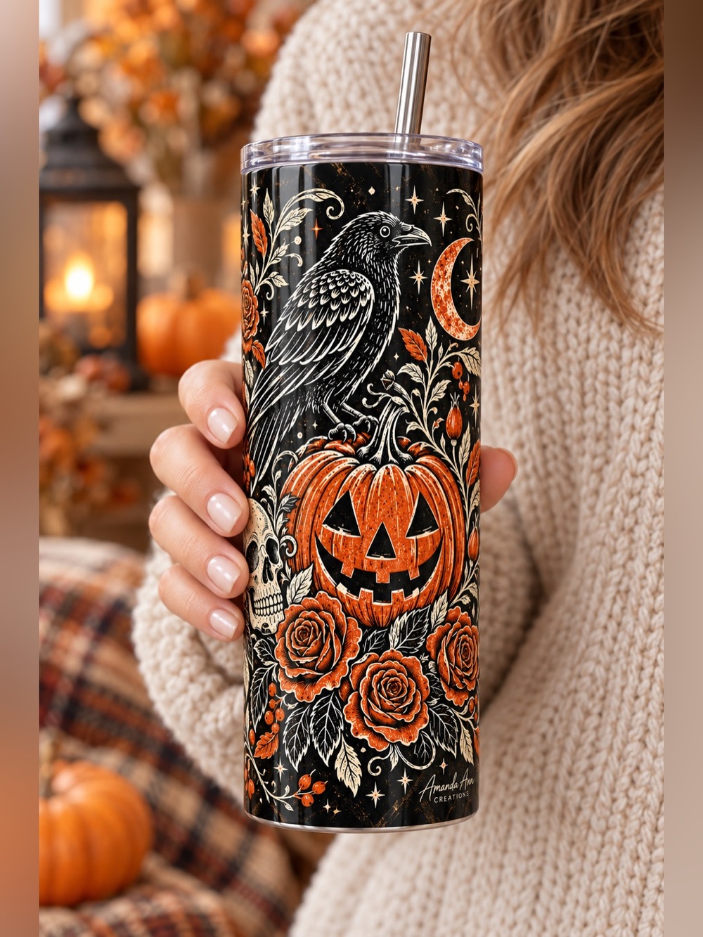 Vintage Halloween Raven Pumpkin Floral 20oz Skinny Tumbler